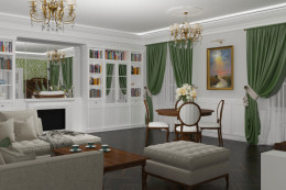 Salon w stylu klasycznym z biblioteką i kominkiem