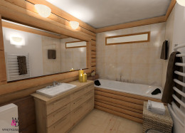 Łazienka z drewnianymi balami