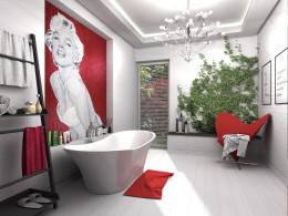 Pokój kąpielowy z twarzą Marilyn Monroe.